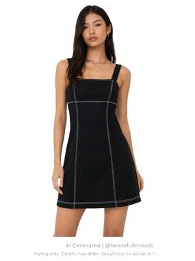 Black Mini Dress Square Neck Contrast Stitch A-Line Y2K Chic